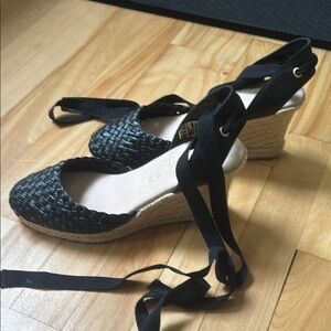 Black Woven Espadrille Wedge Sandals
